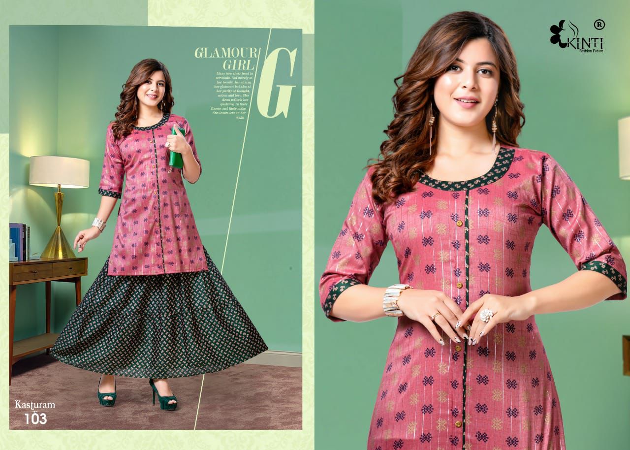 Kinti Kasturam Fancy Ethnic Wear Rayon Printed Top With Skirt Collection